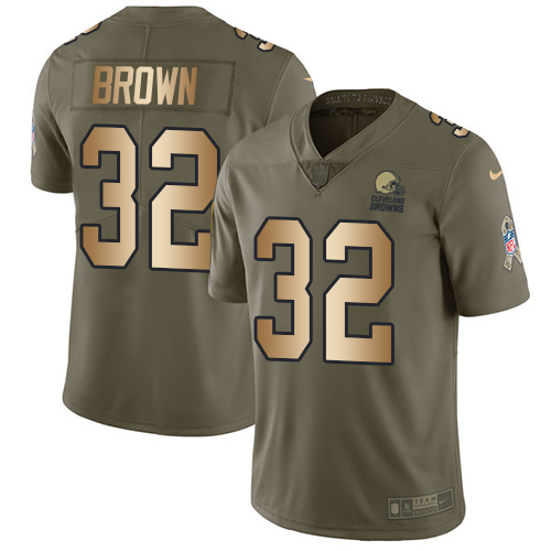 Nike Browns #32 Jim Brown Olive/Gold Men's Stitched NFL Limited Salute To Service Jersey